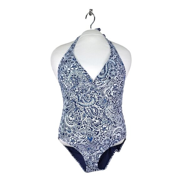 $98 Ellen Tracy Halter V-Neck One Piece Swimsuit Navy White NWT Size 12 Lined - Picture 1 of 12